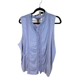 Bit & Bridle Sleeveless Lace Trim Blouse Light Blue 2X Plus Size
